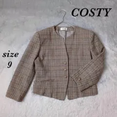 コスティ (9) ノーカラー チェック柄 ジャケット 肩パット付 裏地あり 上品