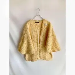 Used シルバーリボンブローチ付き♪ バターイエロー レトロ ニット和羽織