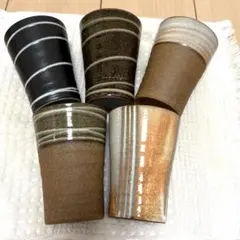 【美品】フリーカップ　ビールグラス　陶器　5個セット　ビアグラス　湯呑み　柄違い