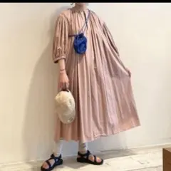 no688 メルカリ限定コットンリネン　バイカラーギャザーワンピース／ピンク アニュアンス anuans パイピングデザインギャザーワンピース