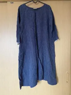 スタジオクリップ リネン カフタンワンピース【F】麻100% ストライプ 紺