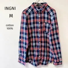INGNIイング　チェック柄シャツ　長袖　ネイビー　ブルー　レッド　M