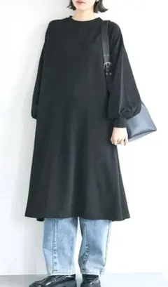 coca コカ　エンボス加工　バルーンスリーブ　Aラインワンピース　黒　M