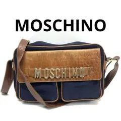 MOSCHINO ショルダーバッグ ネイビーｘブラウン ナイロン ロゴ金具