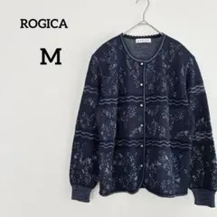 ロジカ　レトロ　カーディガン　ラメ　花柄　ネイビー　金ボタン