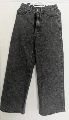 バックリボン ケミカルウォッシュ デニムパンツ ブラック ラインストーン