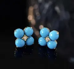 K18YG ターコイズ カボション スタッドピアス クローバー 18K ダイヤ