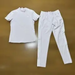 美品スリーストライプストレッチ半袖モックネックレディースセットアップゴルフウェア