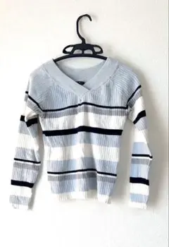 ◎INGNIストライプ Vネック セーター ブルー M