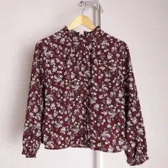 花柄フリル襟 長袖ブラウス シャツ ボルドー フリルネック M