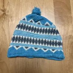 青とグレーの幾何学模様ニット帽 Mサイズ