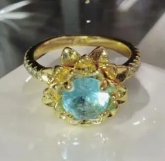 13号　ゴールド　アクアマリン　ブルートパーズ　スクエア　リング　指輪