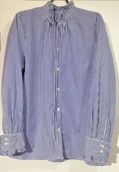 IENAストライプブラウス フリルネック ブルー×ホワイト 日本製