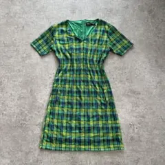 昭和レトロ ワンピース 半袖 チェック柄 タイト グリーン バブル期 派手 古着
