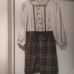 アイボリー チェック柄 ひざ丈ワンピース