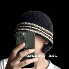 ハンドメイド　クラッシャーハット　クロシェハット　ニット帽　黒　ベージュ　c3