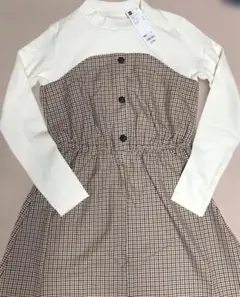 未使用　GU ガールズ　フェイクレイヤードチェックワンピース(長袖) 160