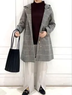 フード付き チェック柄 ロングコート