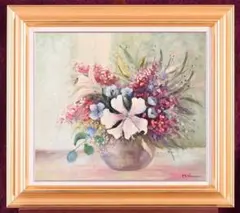 ★未使用高級ゴールド額付★手書き油絵★外寸約690×615mm 花瓶の花