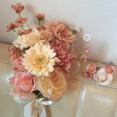 ウェディングブーケ リボンブーケ　前撮り　ブートニアセット　春婚　ピンクブーケ