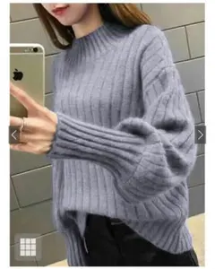 新品タグ付き リブ編みハイネックセーター バルーンスリーブ パープル