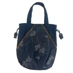 和柄刺繍プリントミニ巾着バッグ　巾着袋 藍色おでかけ小物収納多用途