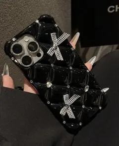 【即購入OK】iPhoneケース ラインストーン リボン キルティング 黒