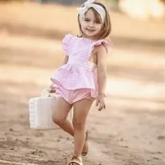 【新品未使用】キッズ女の子 80 ／フリル　チェック柄 ベビーワンピース 水遊び