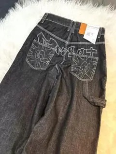 Lサイズ 刺繍 ワイドジーンズ バギーデニム ブラック アメリカン