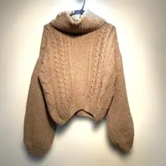 レディースニット ブラウン ケーブル編み タートルネック セーター