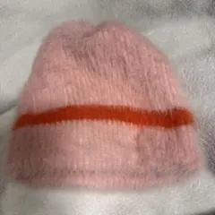 ふわふわ ニット帽 ピンク オレンジライン　フェザーニット帽 ビーニー