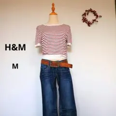 H&M コンパクト短丈ボーダー半袖ニット ボートネック Y2K ボルドー Mのサムネイル