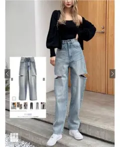 スリットデニムワイドパンツ