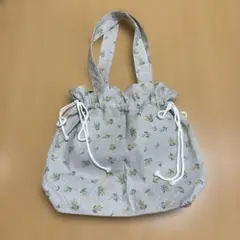 ハンドメイド　巾着トートバッグ 中古品　生成り　ミモザ柄　肩掛け