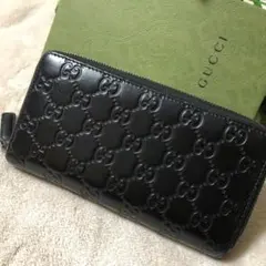 美品　グッチ　長財布　シマレザー　GG柄　ラウンドファスナー　ブラック　黒　箱付