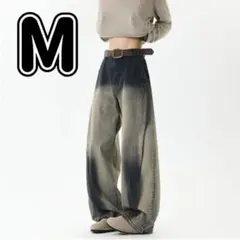 ワイドデニムストレート個性的ダメージグラデーション色落ち兼用ワイドバギーデニム