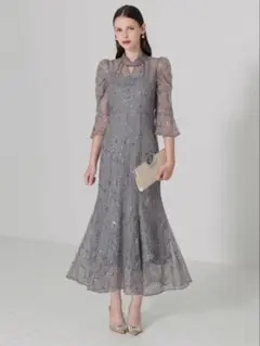 スパンコール花柄パフスリーブマーメイドワンピースドレス結婚式成人式パーティー