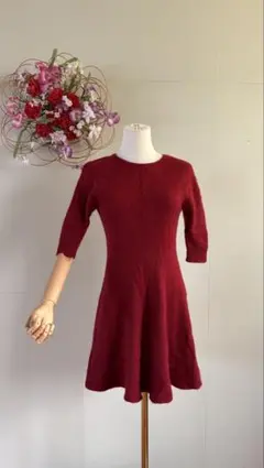 カシミヤ　赤色　七分袖 ニットワンピース