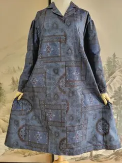 着物リメイク正絹大島紬パフスリーブ切り替えギャザーワンピース美ラインハンドメイド