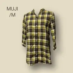 379★【MUJI】　無印　黄　チェック　シャツ　レディース　七分袖　M　丈長め