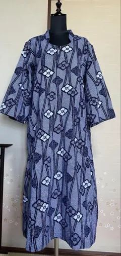美品✨ギエモン 花柄 ロング丈 バンドカラー 久留米絣ワンピース 七分