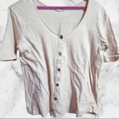 【美品】ベージュ ボタン付き 半袖 Vネック トップス