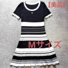 Courreges クレージュ　ストライプ 半袖ニットワンピース 38のサムネイル