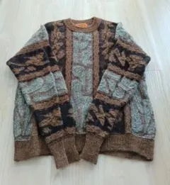 メンズ　デザインセーター　ブラウン　ウール100%　厚手