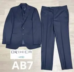 美品ORIHICA セットアップスーツ春夏AB7 ネイビー ストライプ 光沢あり