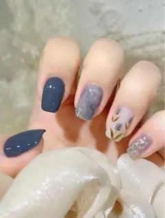 【新品未使用】大理石ネイル くすみブルー 押し花 ネイルチップ 上品 大人可愛い
