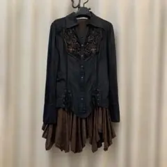 ★《OZZ》黒いスエード風シャツ 金色刺繍 上下セットアップ