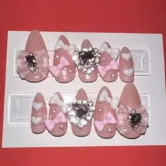 ネイルチップ ロング オーバル ピンク リボン 地雷系 量産型 平成女児