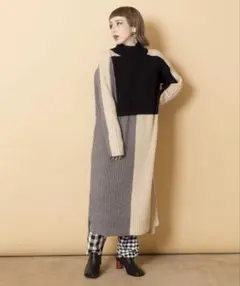 【OSMOSIS】【loaf】バイカラー 配色ハイネックリブニットワンピース
