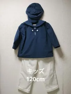 ハンドメイド　ネイビーブルーのトップスとホワイトパンツと帽子のセット